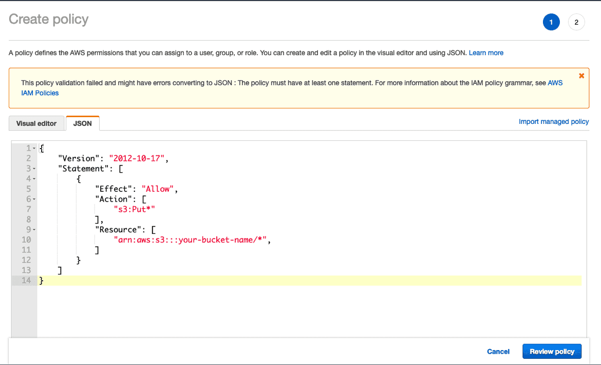 Choosing attach existing policy